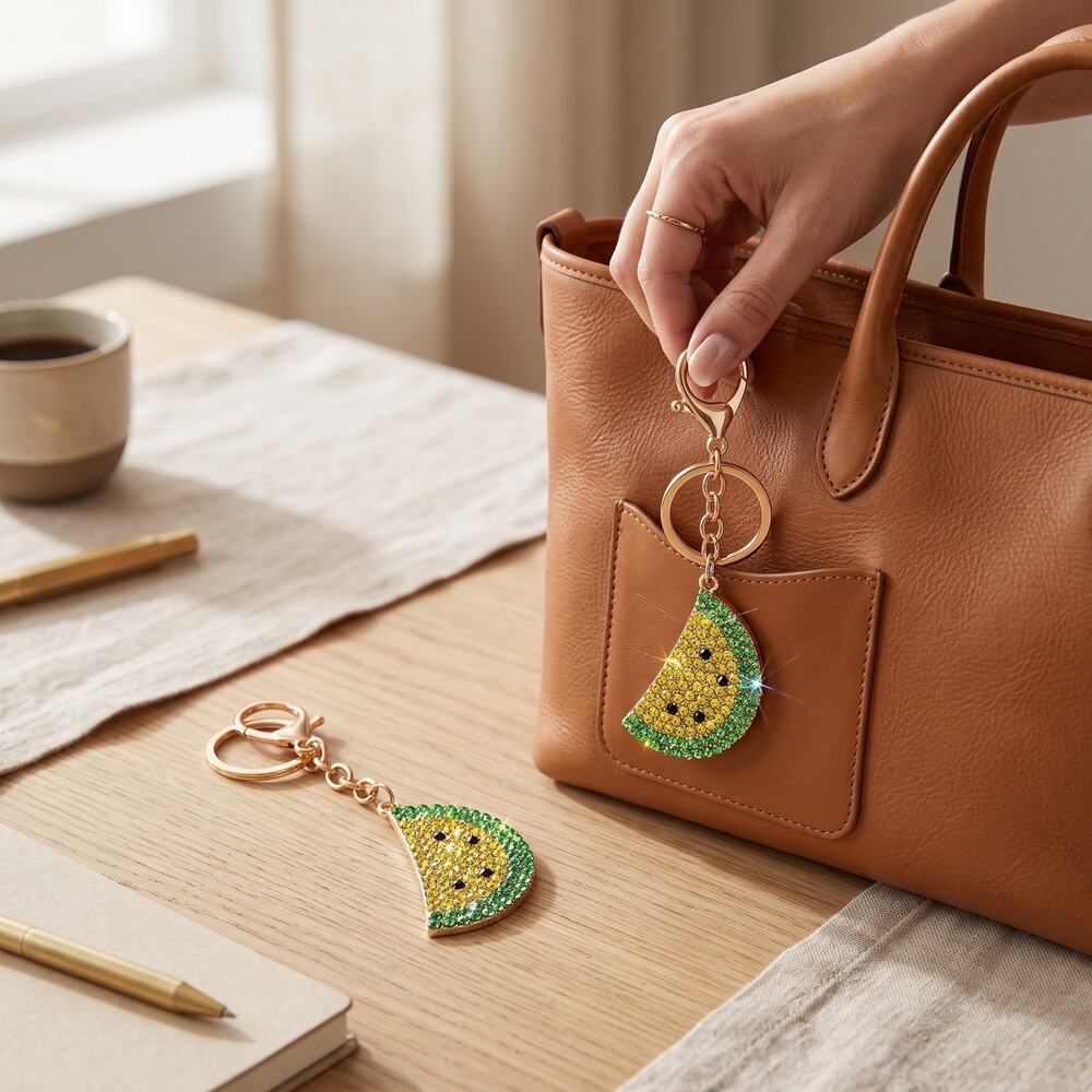 Yellow Watermelon Rhinestone Keychain Bag Charms Set of 2 Green Crystal